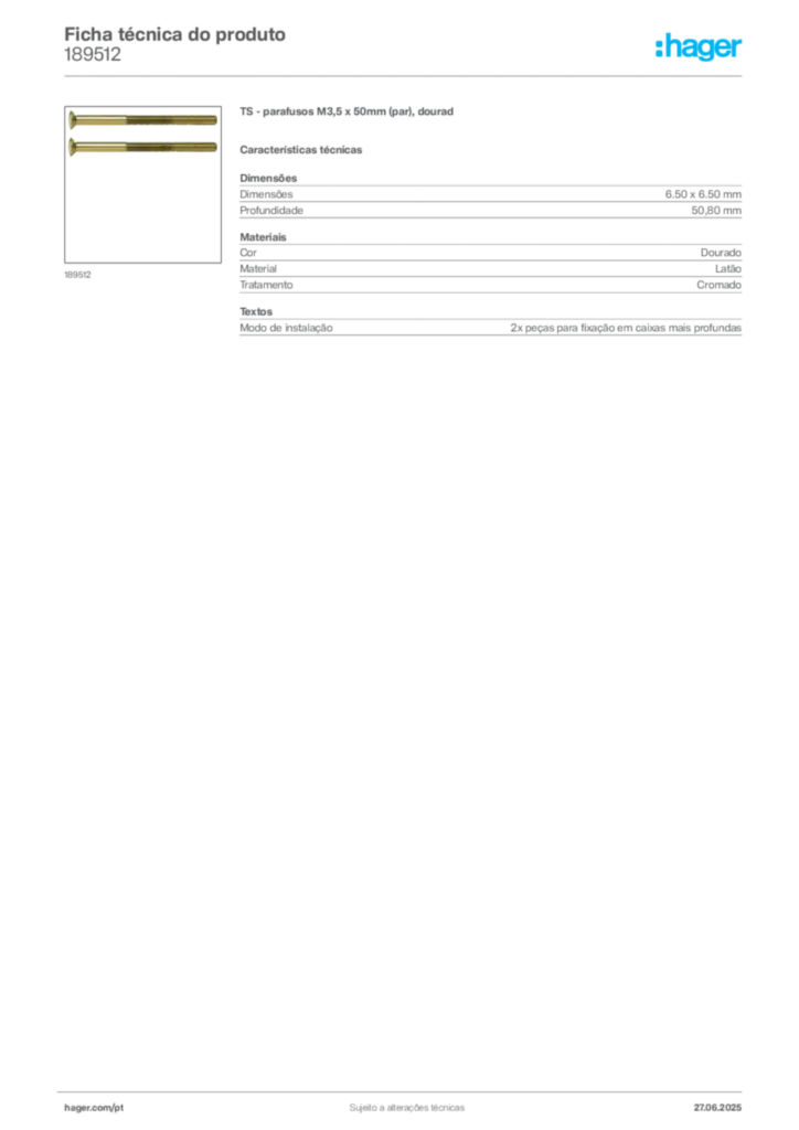 Imagem Hager Ficha técnica do produto 189512 | Hager Portugal