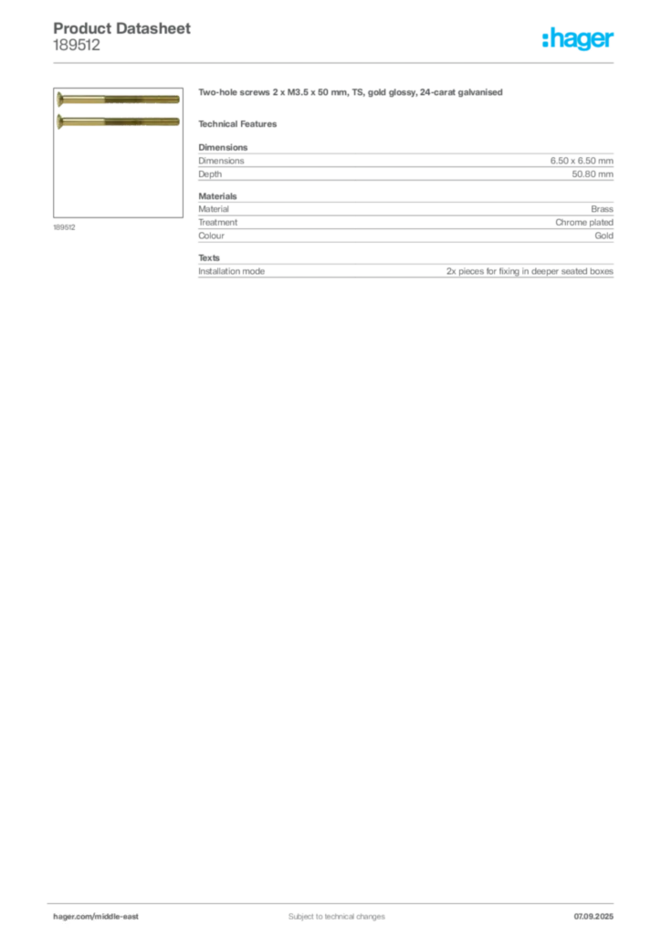 Image Hager Product data sheet 189512  | Hager