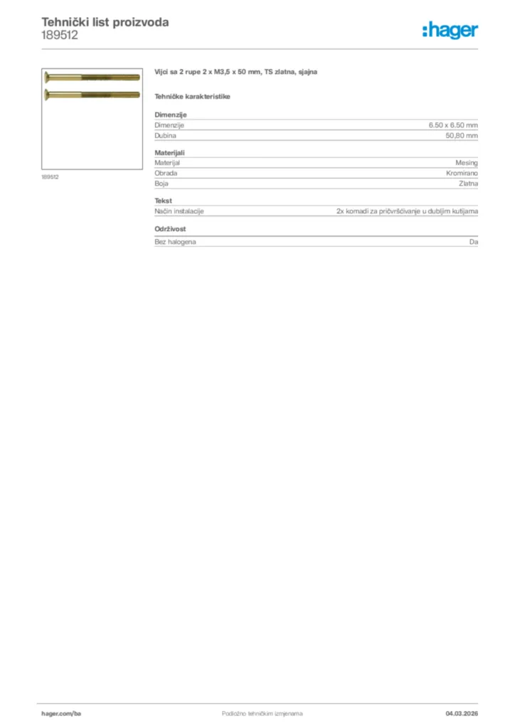 Slika Hager Tehnički list proizvoda 189512  | Hager