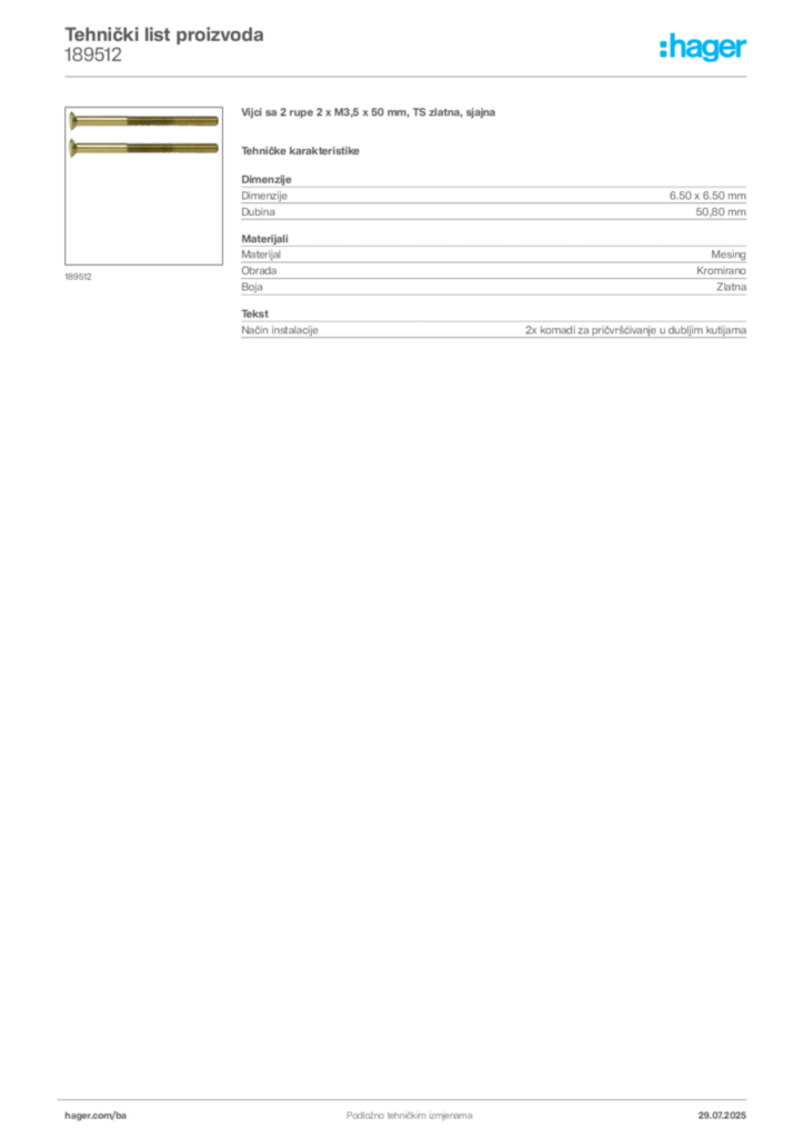 Slika Hager Product data sheet 189512  | Hager