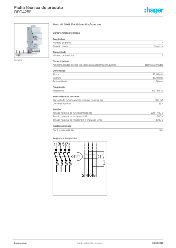 Imagem Hager Ficha técnica do produto BFC425F | Hager Portugal