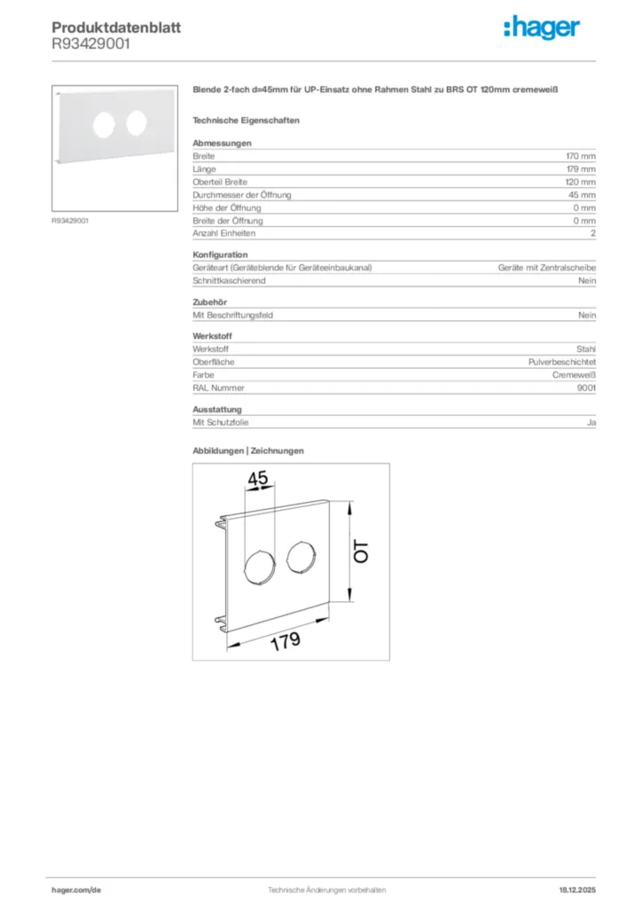 Bild Hager Produktdatenblatt R93429001 | Hager Deutschland