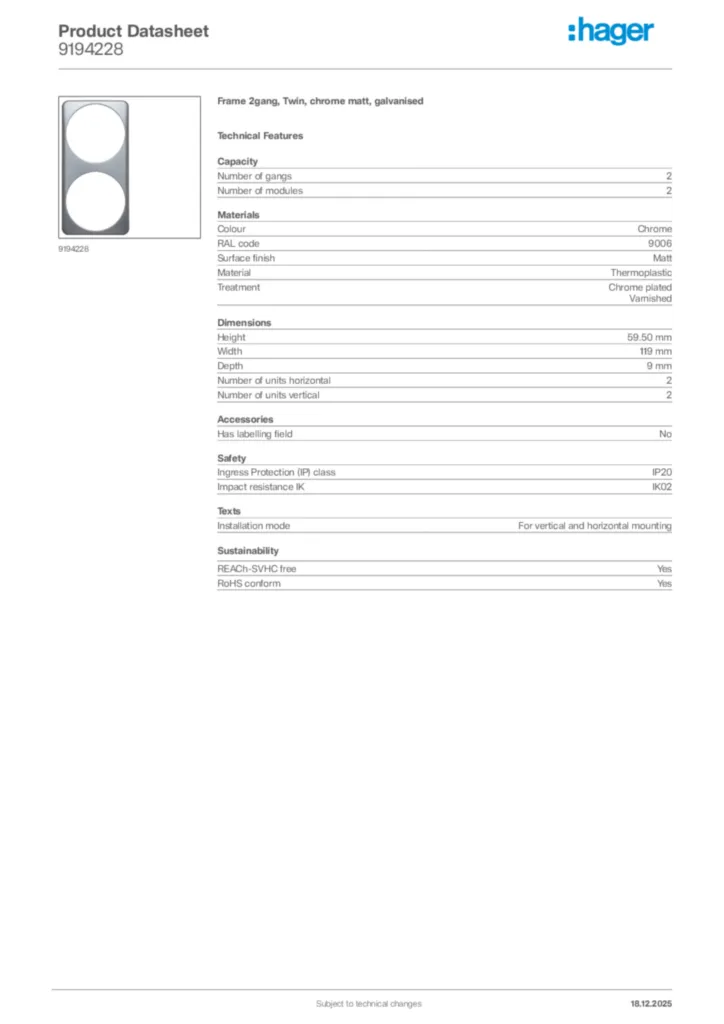 Image Hager Product data sheet 9194228  | Hager