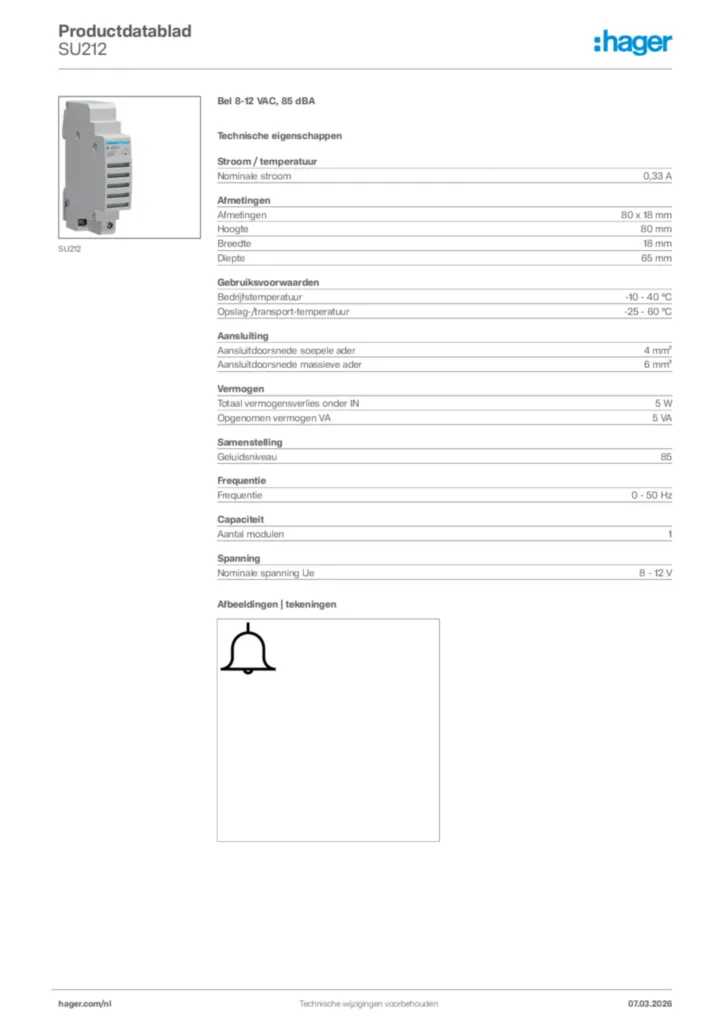 Afbeelding Hager Productdatablad SU212 | Hager Nederland