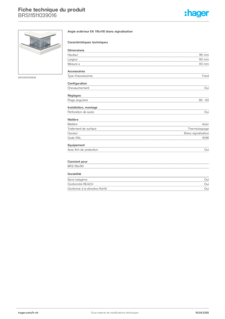 Image Hager Fiche technique du produit BRS11511039016 | Hager Suisse