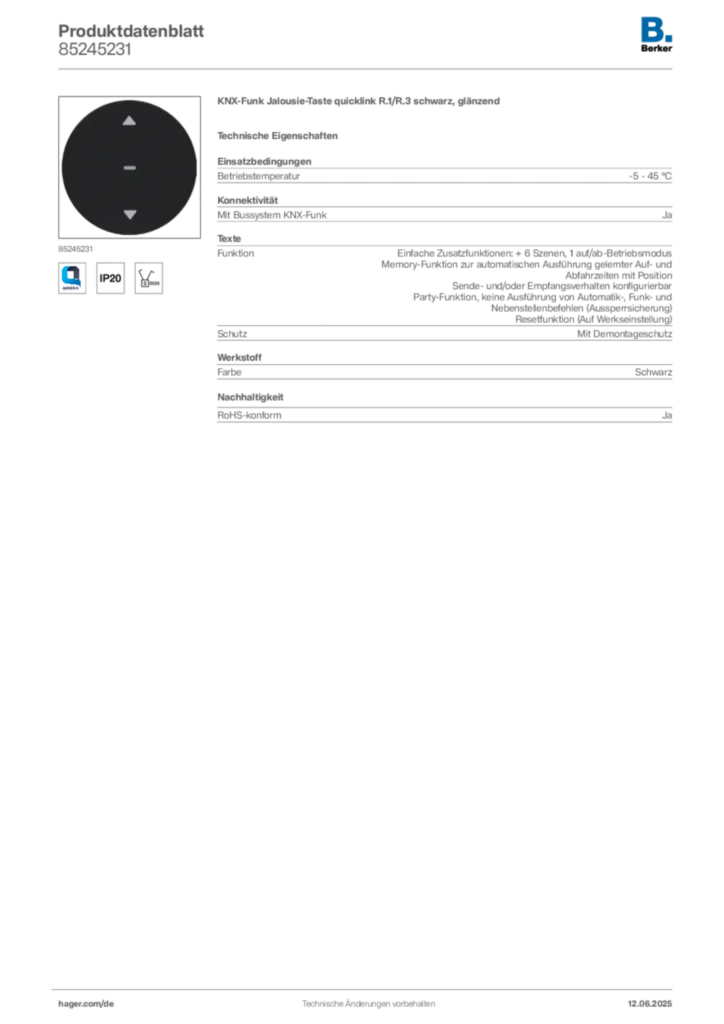 Bild Berker Produktdatenblatt 85245231 | Hager Deutschland