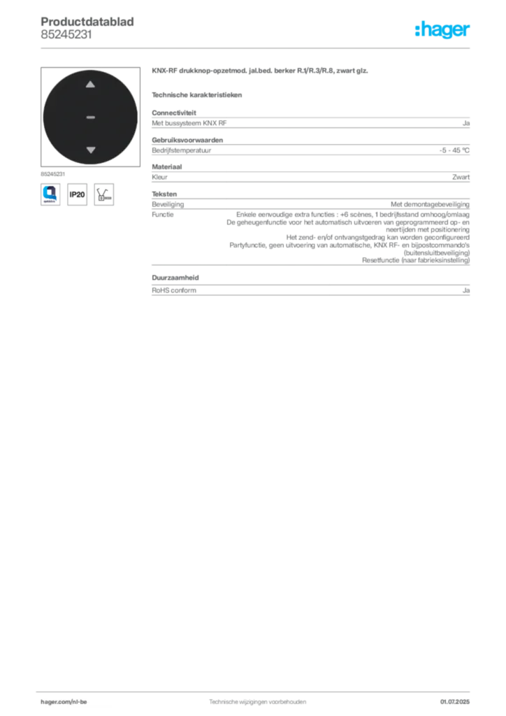 Afbeelding Hager Productdatablad 85245231 | Hager Belgium