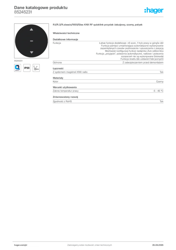 Zdjęcie Hager Karta katalogowa 85245231 | Hager Polska