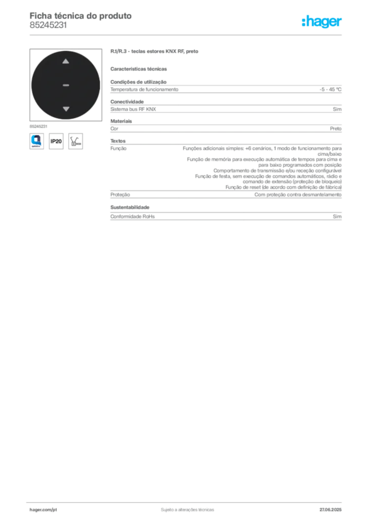 Imagem Hager Ficha técnica do produto 85245231 | Hager Portugal