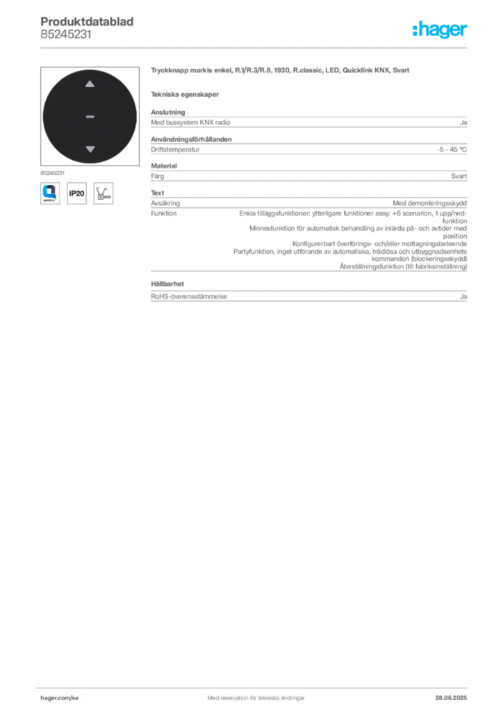 Bild Hager Produktdatablad 85245231 | Hager Sverige