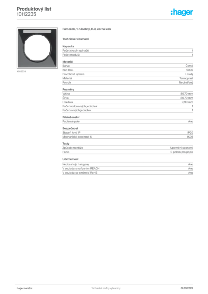 Obrázek Hager Produktový list 10112235 | Hager