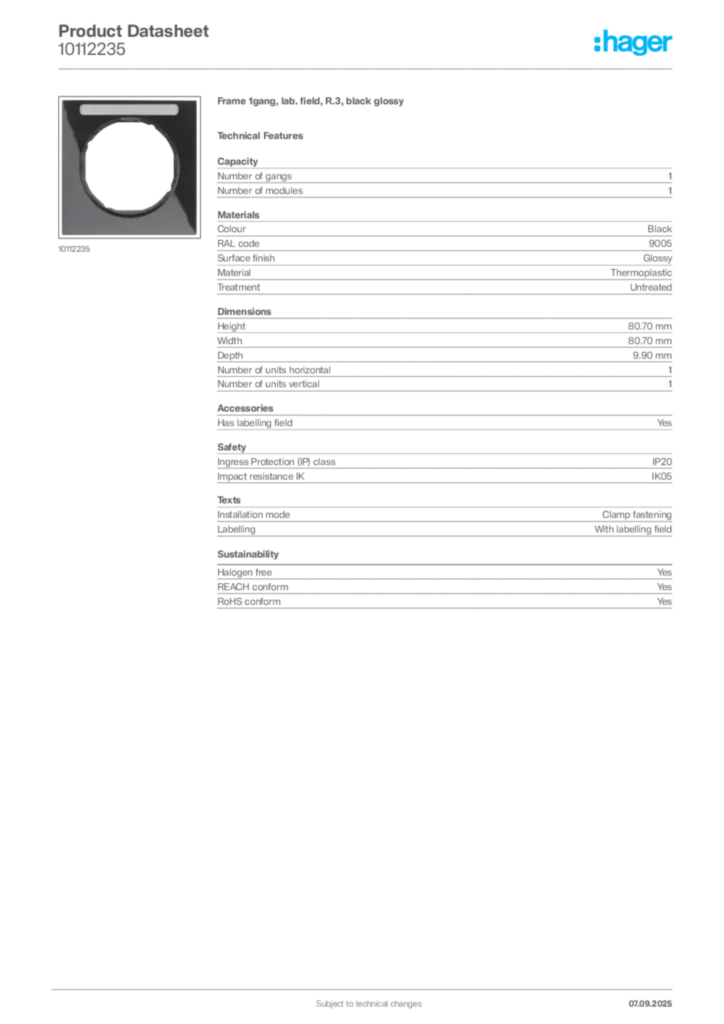 Image Hager Product data sheet 10112235  | Hager