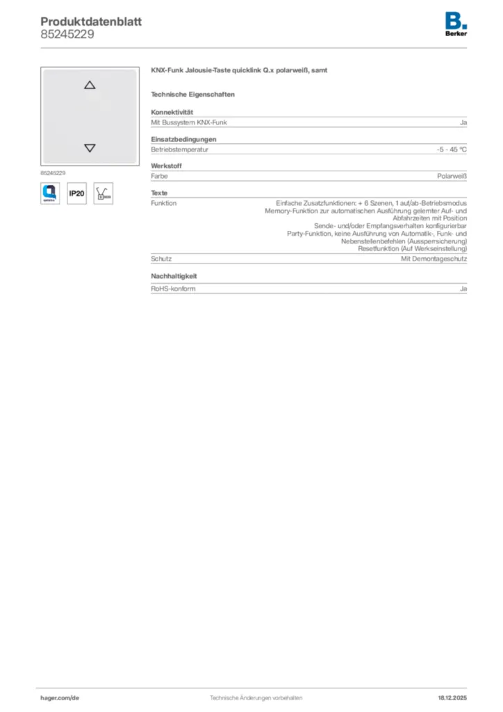 Bild Berker Produktdatenblatt 85245229 | Hager Deutschland