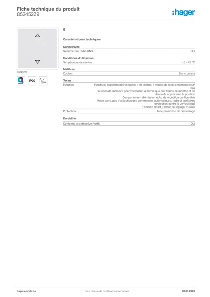 Image Hager Fiche technique du produit 85245229 | Hager Belgique