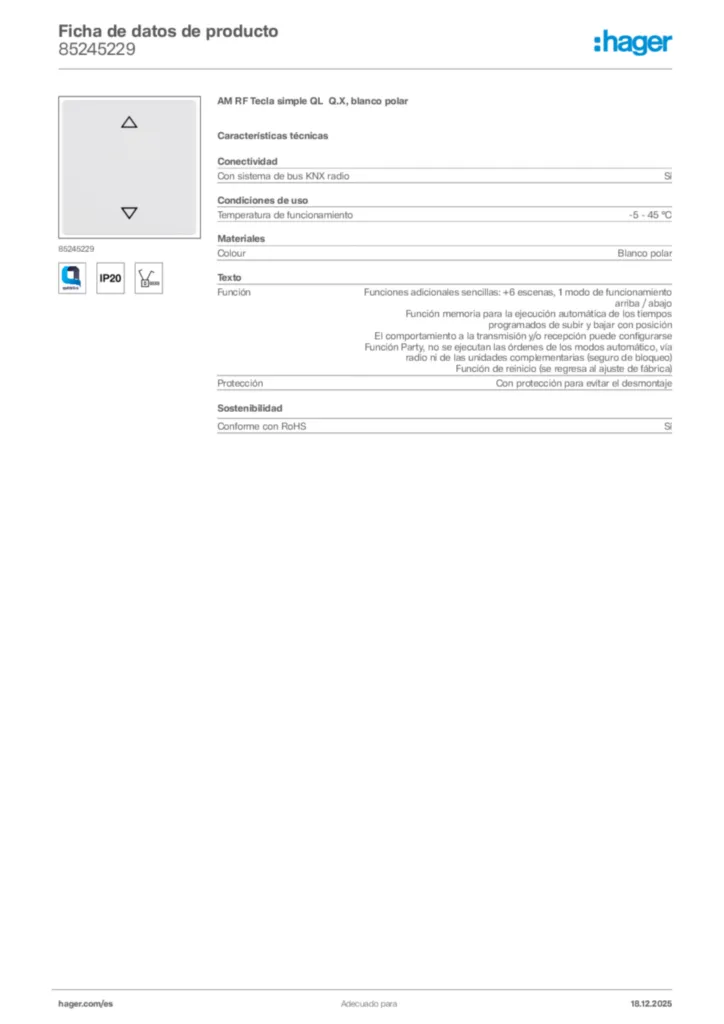 Imagen Hager Ficha de datos de producto 85245229 | Hager España