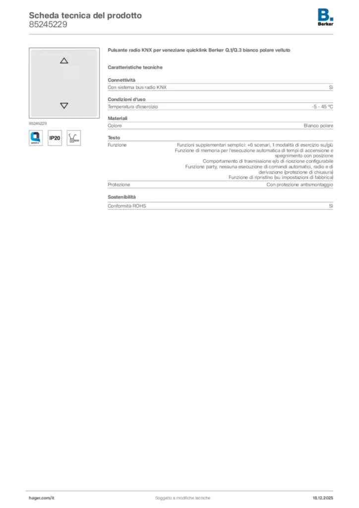 Immagine Berker Scheda tecnica del prodotto 85245229 | Hager Italia