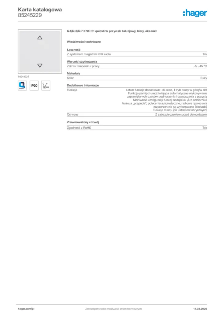 Zdjęcie Hager Karta katalogowa 85245229 | Hager Polska