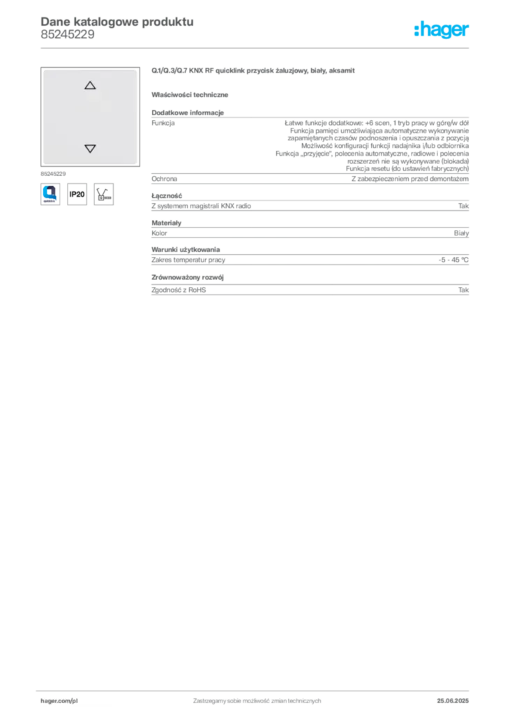 Zdjęcie Hager Karta katalogowa 85245229 | Hager Polska