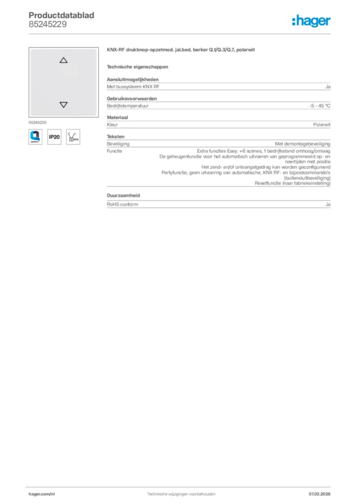 Afbeelding Hager Productdatablad 85245229 | Hager Nederland