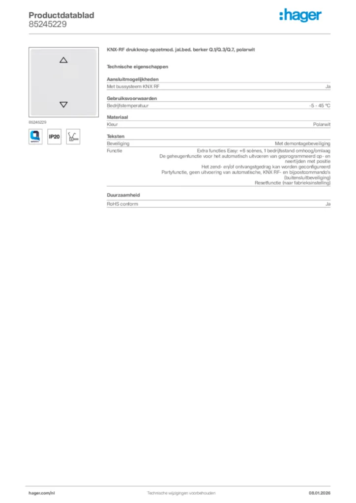 Afbeelding Hager Productdatablad 85245229 | Hager Nederland
