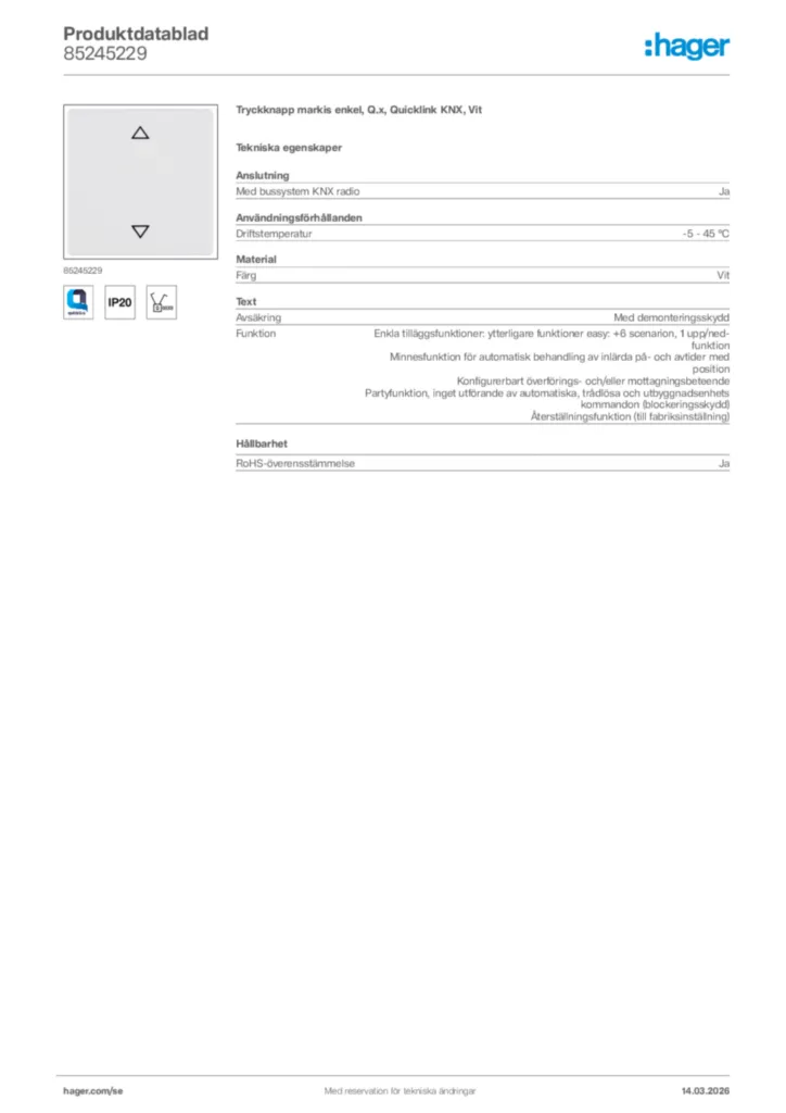 Bild Hager Produktdatablad 85245229 | Hager Sverige