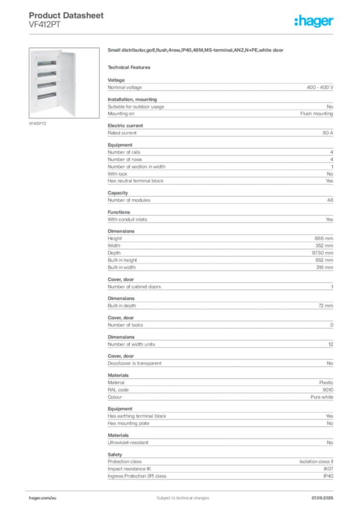 Image Hager Product data sheet VF412PT  | Hager Australia