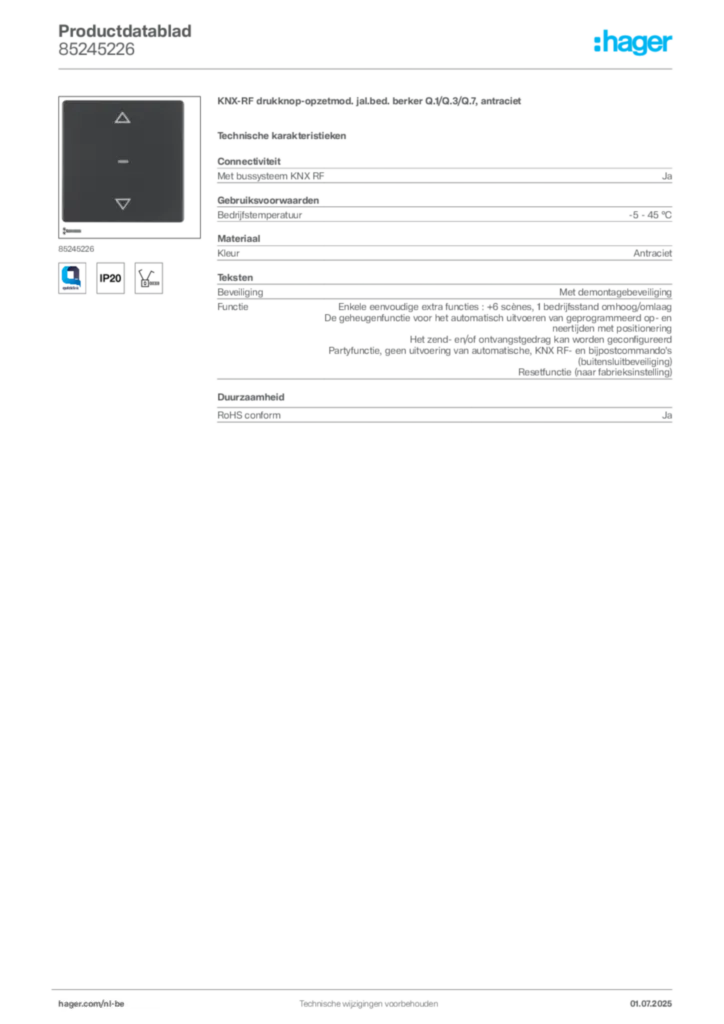 Afbeelding Hager Productdatablad 85245226 | Hager Belgium