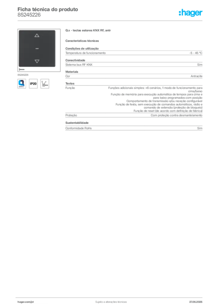 Imagem Hager Ficha técnica do produto 85245226 | Hager Portugal