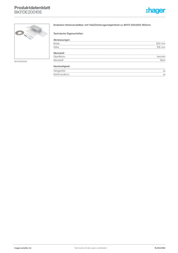 Bild Hager Produktdatenblatt BKFDE200105 | Hager Schweiz