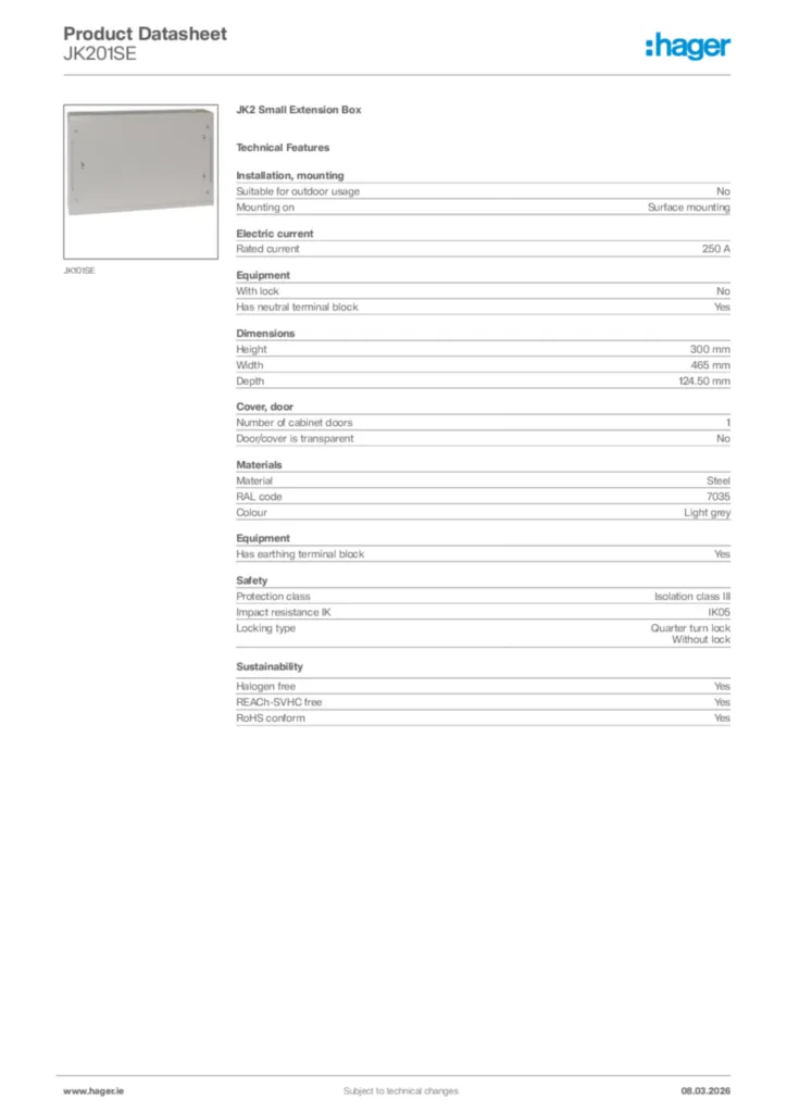 Image Hager Product data sheet JK201SE  | Hager