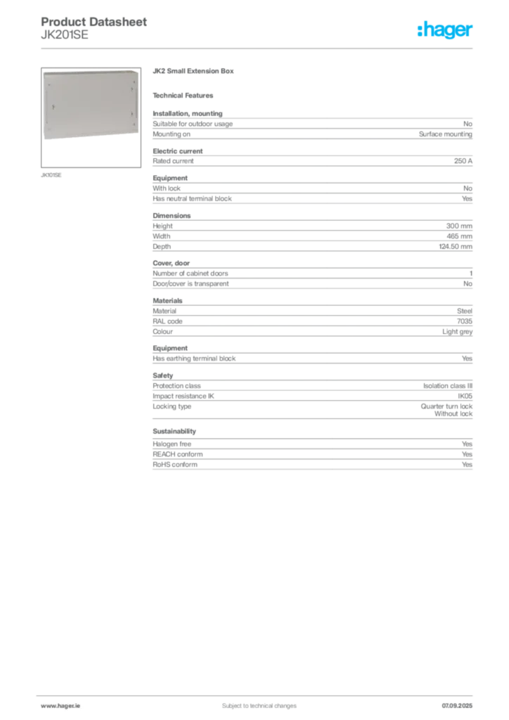 Image Hager Product data sheet JK201SE  | Hager