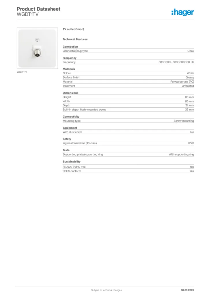 Image Hager Product data sheet WGDT1TV  | Hager Africa