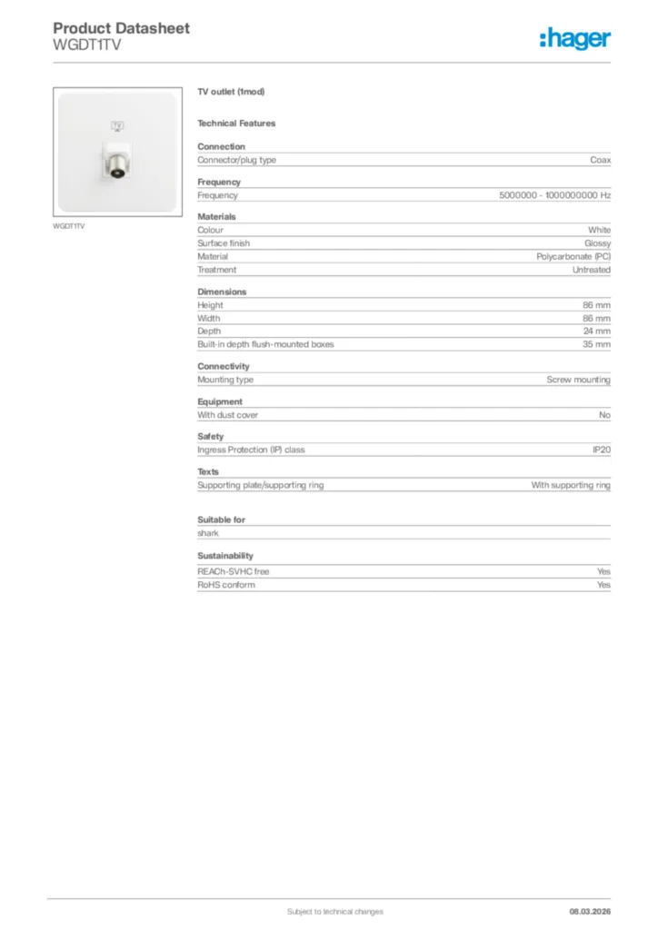 Image Hager Product data sheet WGDT1TV  | Hager