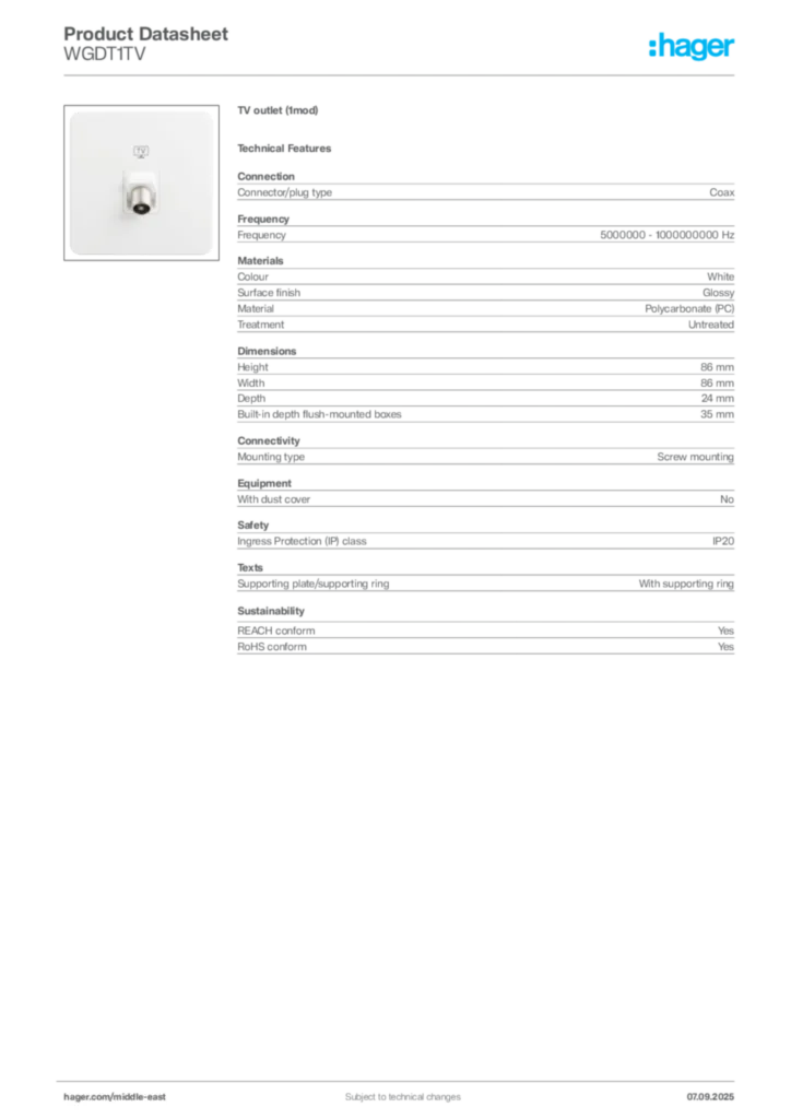 Image Hager Product data sheet WGDT1TV  | Hager
