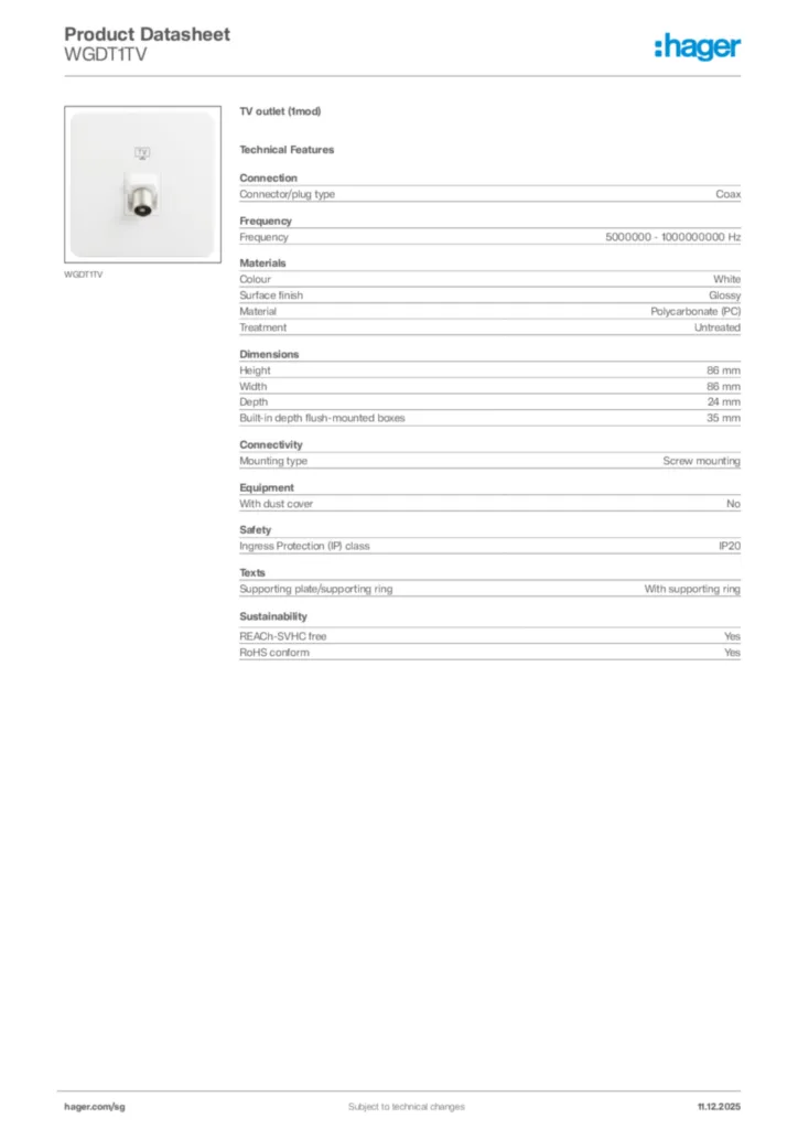 Image Hager Product data sheet WGDT1TV  | Hager
