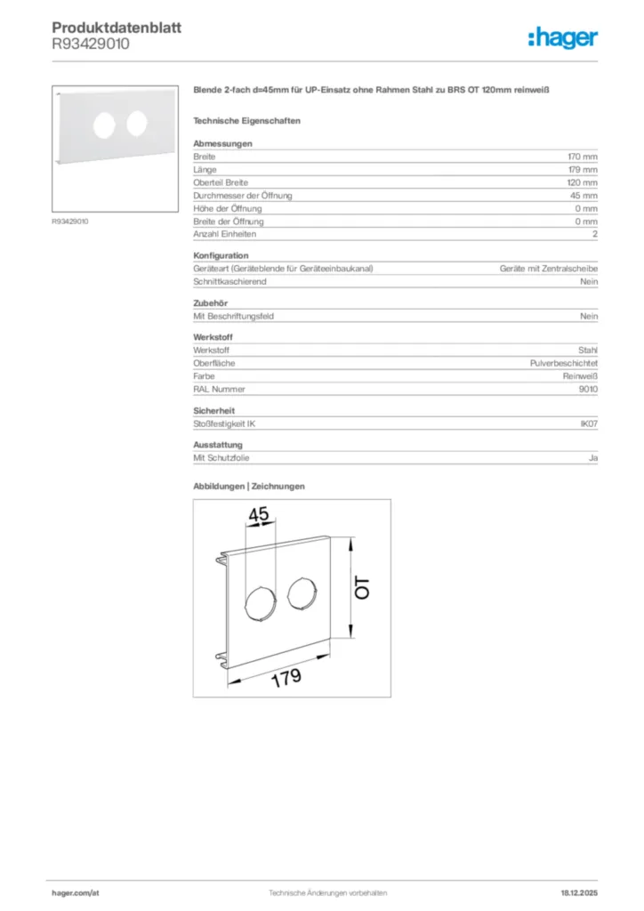 Bild Hager Produktdatenblatt R93429010 | Hager Deutschland