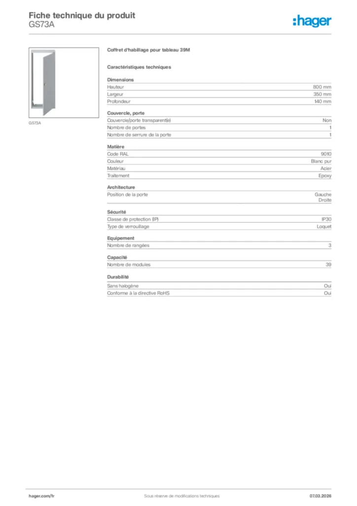 Image Hager Fiche technique du produit GS73A | Hager France