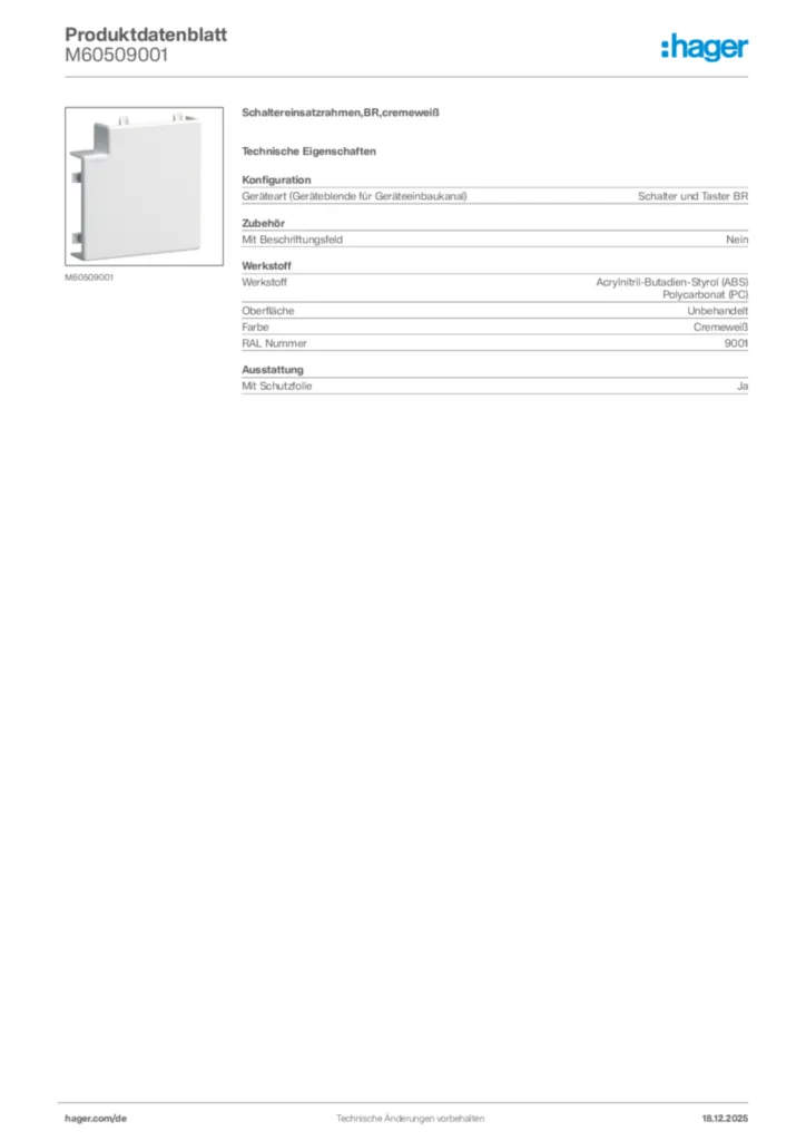 Bild Hager Produktdatenblatt M60509001 | Hager Deutschland