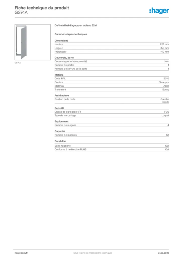Image Hager Fiche technique du produit GS74A | Hager France