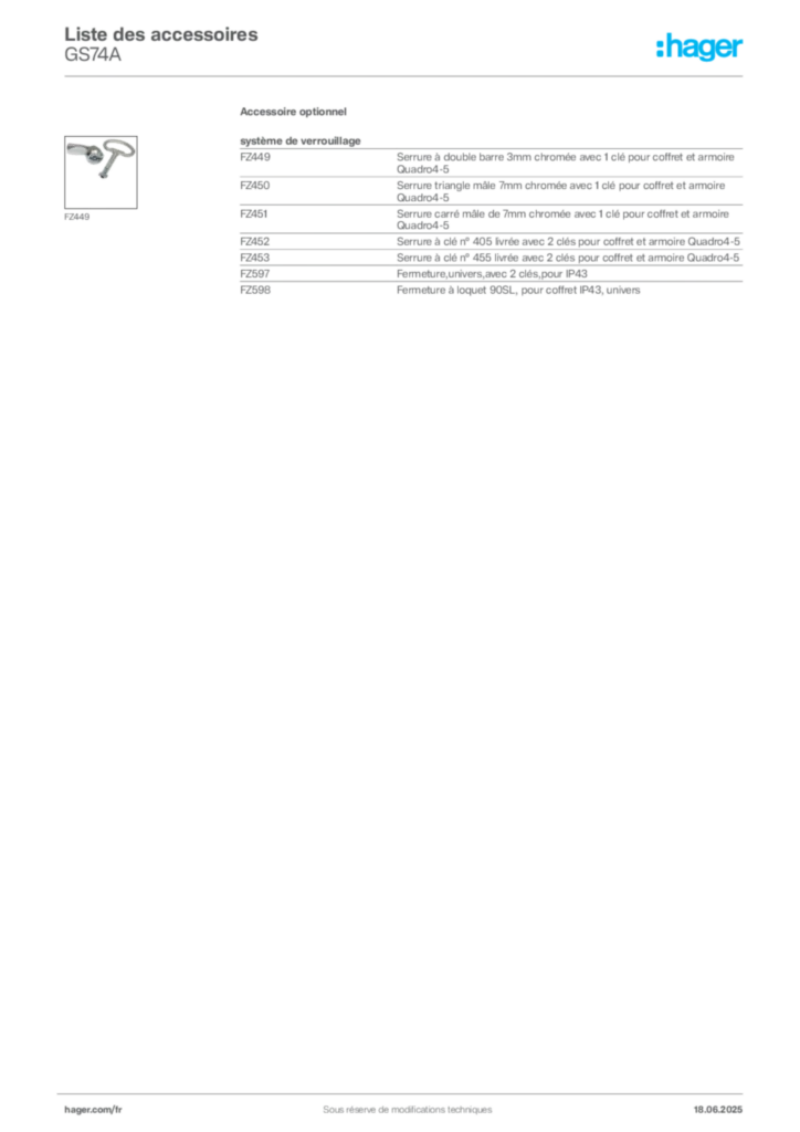 Image Hager Fiche technique du produit GS74A | Hager France