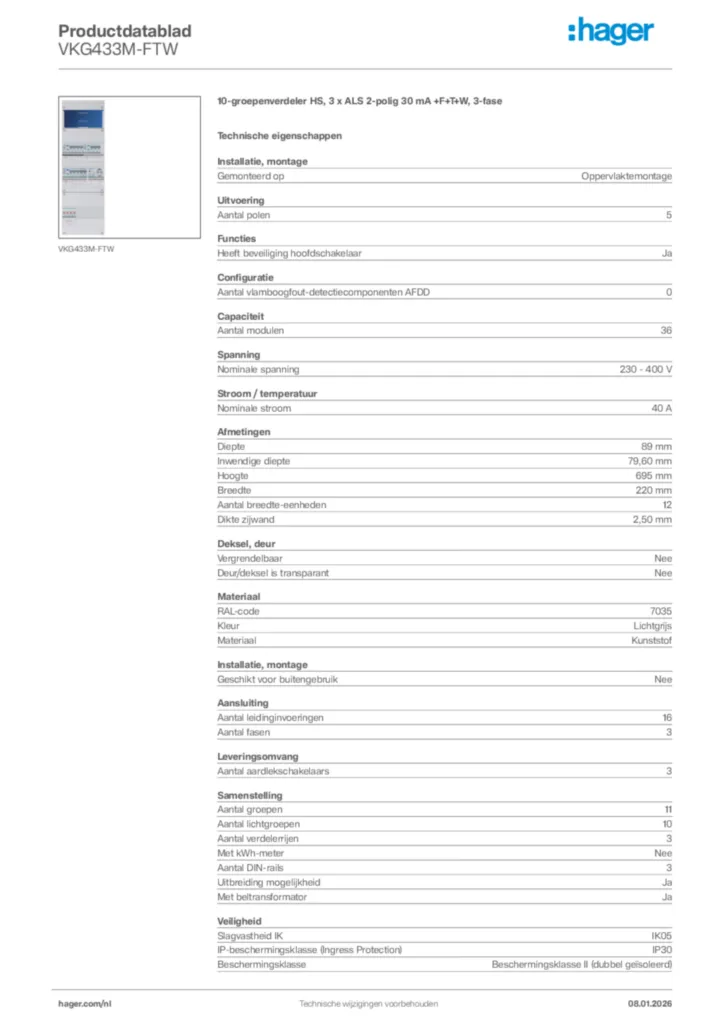 Afbeelding Hager Productdatablad VKG433M-FTW | Hager Nederland