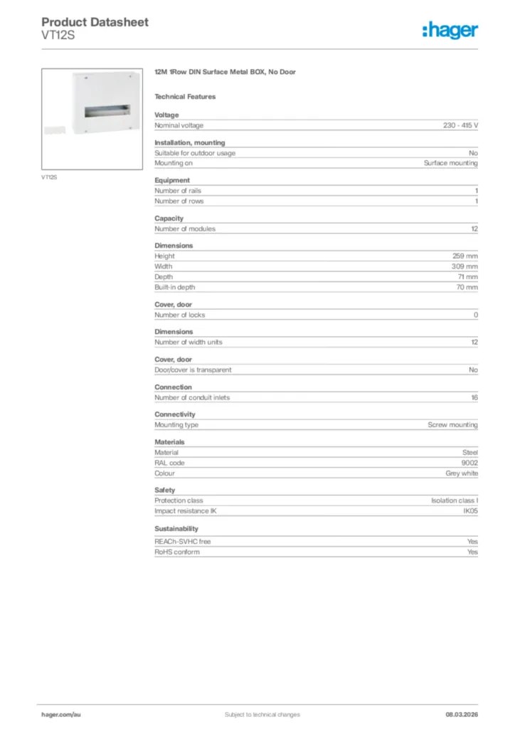 Image Hager Product data sheet VT12S  | Hager Australia