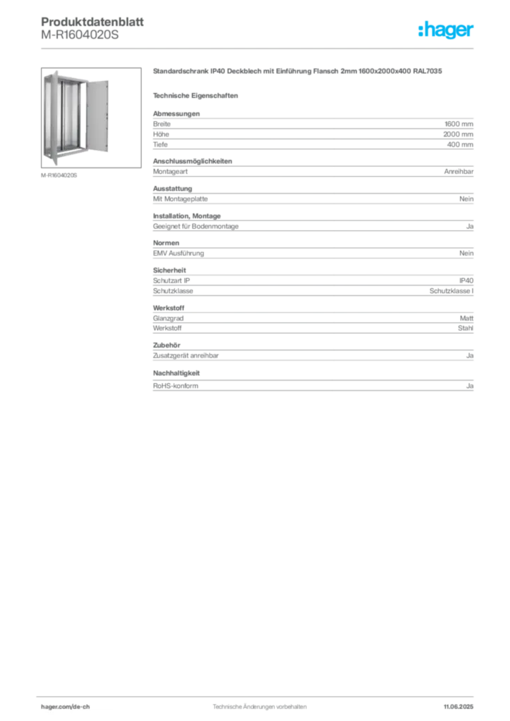 Bild Hager Produktdatenblatt M-R1604020S | Hager Schweiz