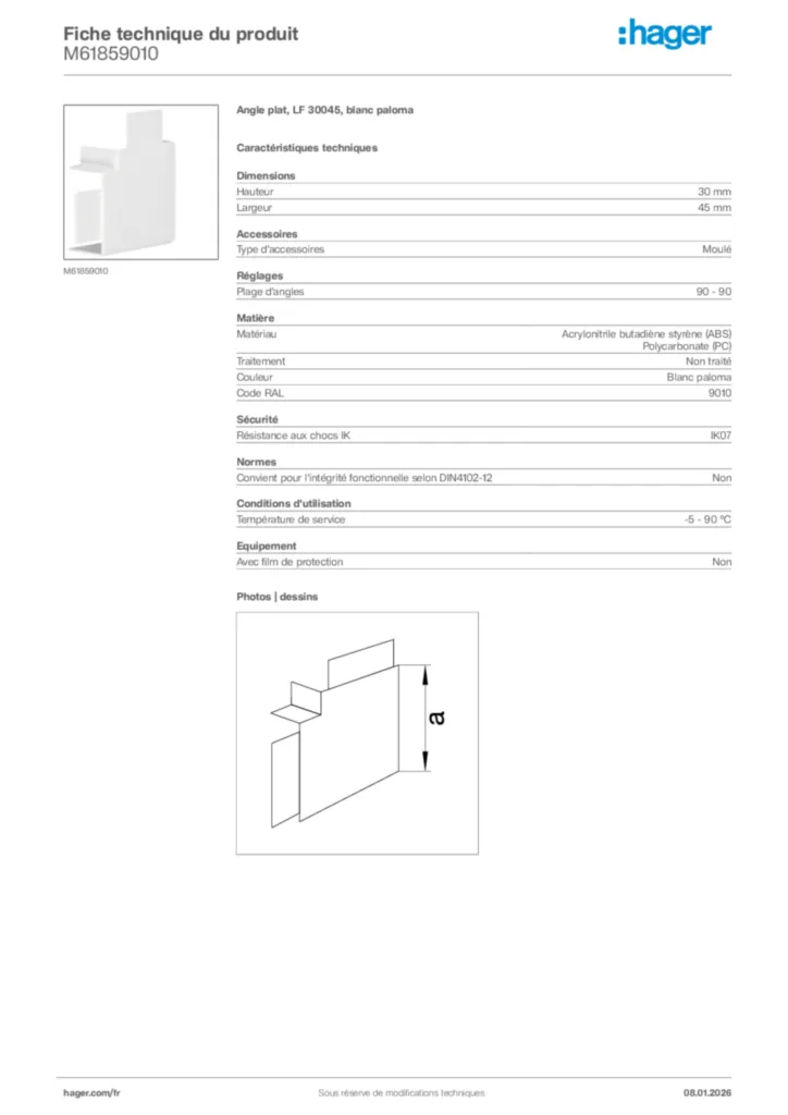 Image Hager Fiche technique du produit M61859010 | Hager France
