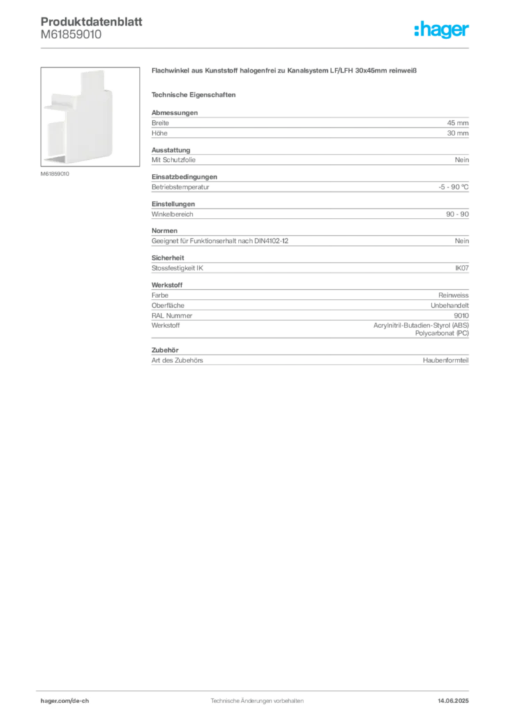 Bild Hager Produktdatenblatt M61859010 | Hager Schweiz