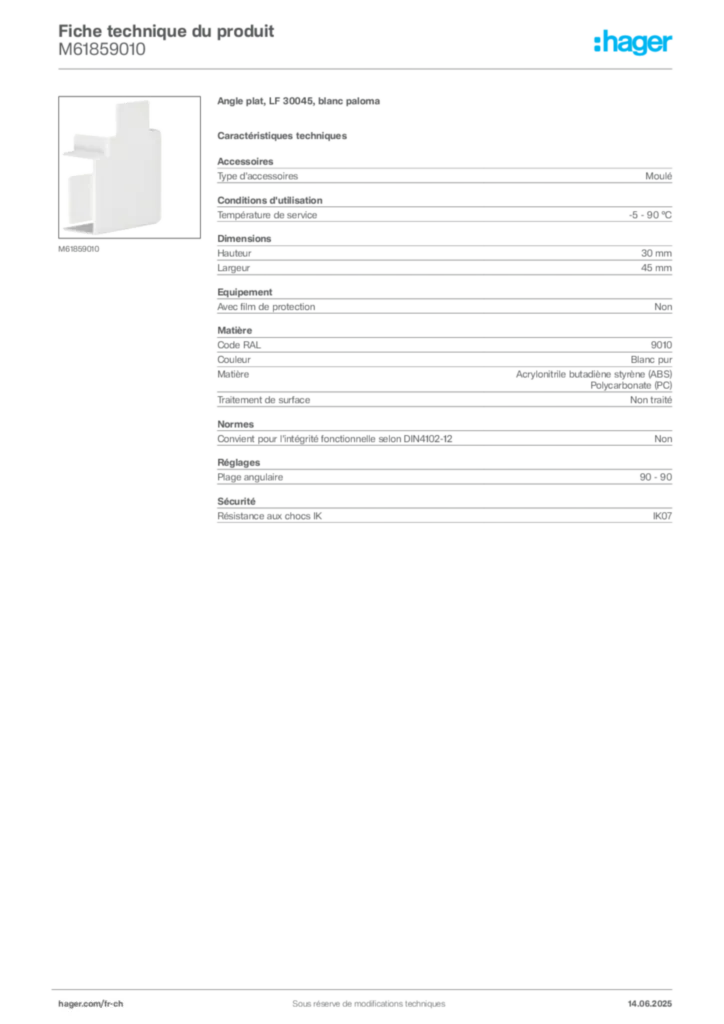 Image Hager Fiche technique du produit M61859010 | Hager Suisse