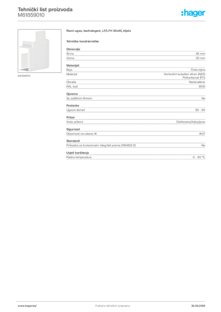 Slika Hager Product data sheet M61859010  | Hager
