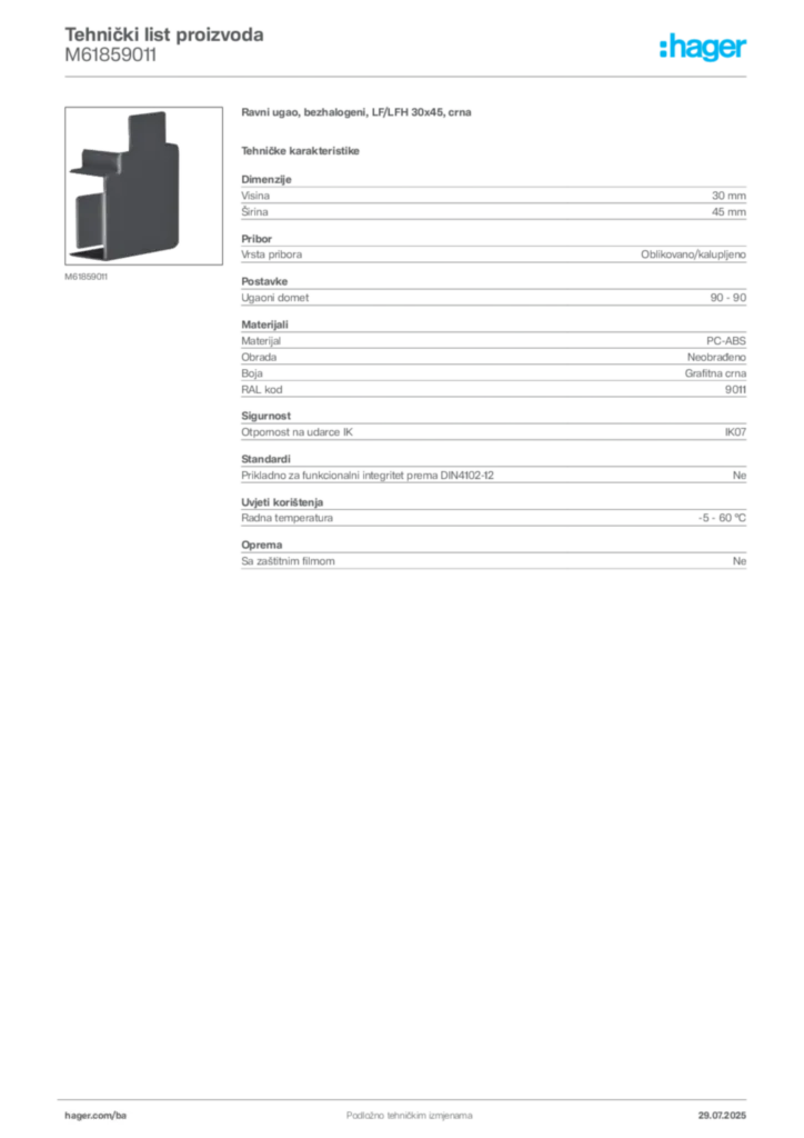 Slika Hager Product data sheet M61859011  | Hager