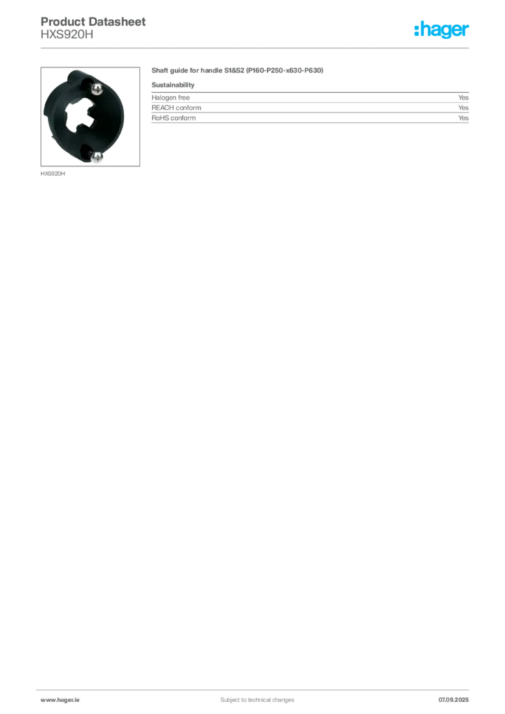 Image Hager Product data sheet HXS920H  | Hager