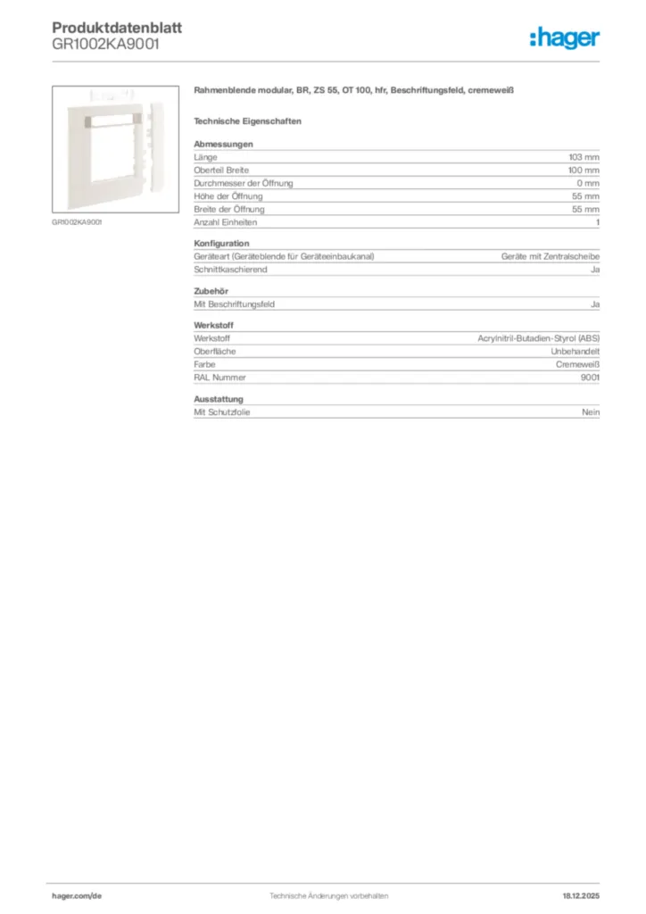 Bild Hager Produktdatenblatt GR1002KA9001 | Hager Deutschland
